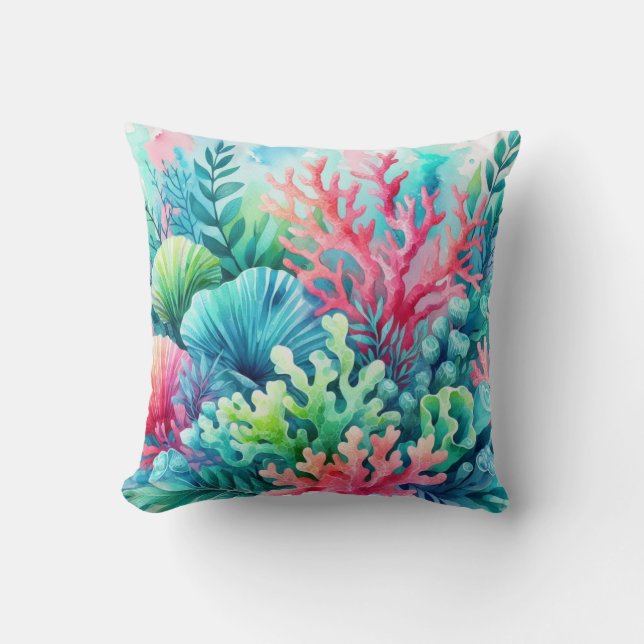 Pink Blue Cute Coral Reef Beachy Coastal Nautical Cushion (Front)