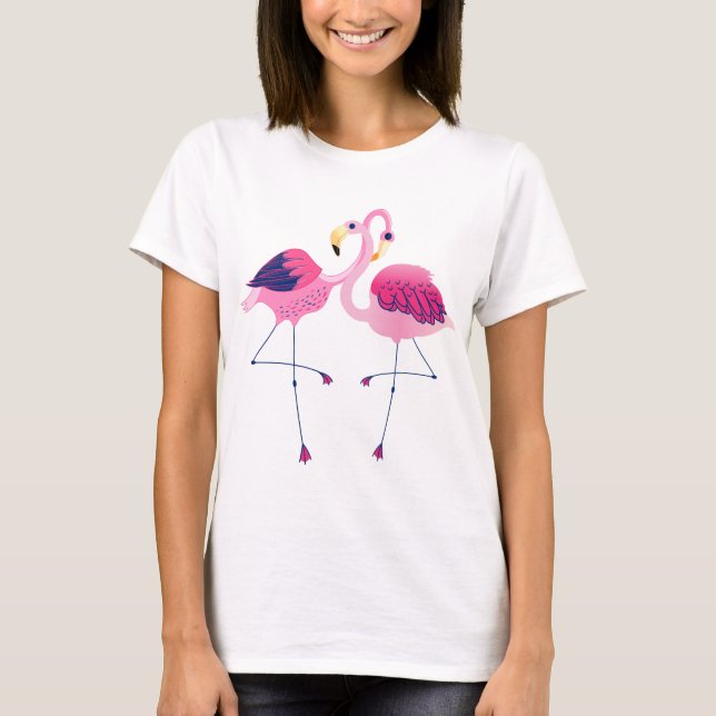 Pink & Blue Cute Flamingos Illustration T-Shirt (Front)