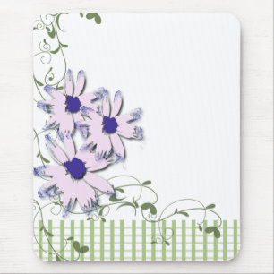 Pink Blue Daisy Flowers Green Gingham Mouse Mat
