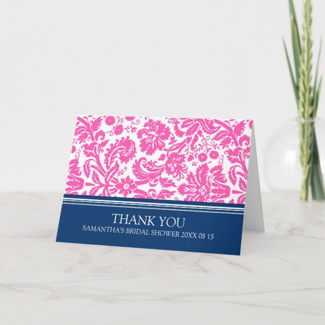 Pink Blue Damask Bridal Shower Thank You Card (Front)