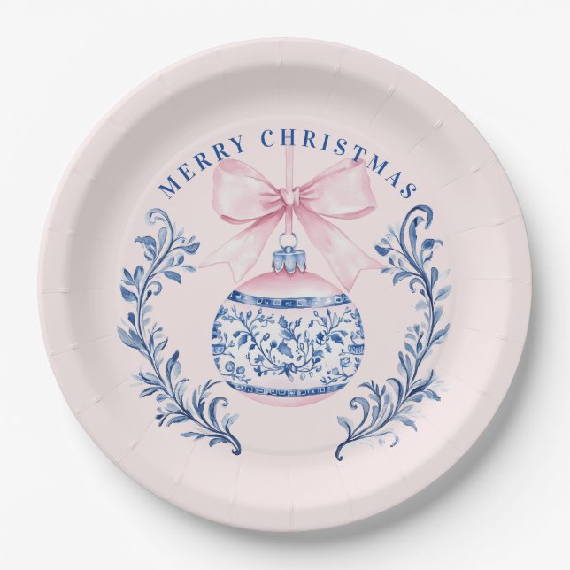 Pink & Blue Damask Crest Christmas Ornament Paper Plate (Front)