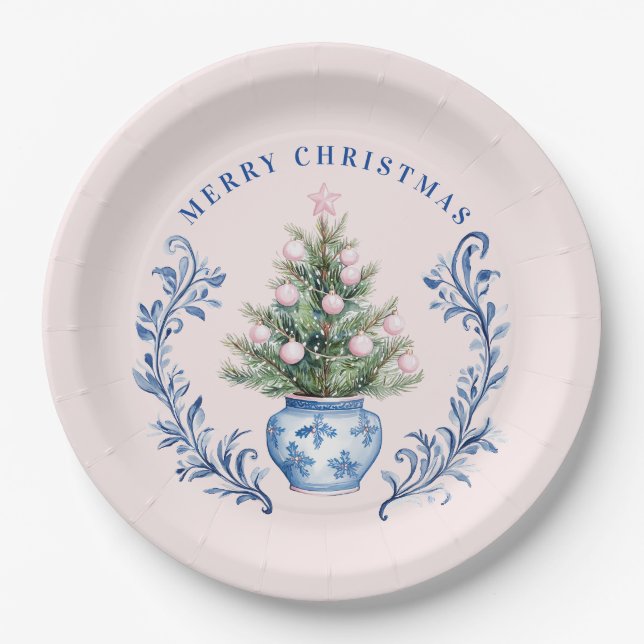 Pink & Blue Damask Crest Christmas Tree Paper Plate (Front)
