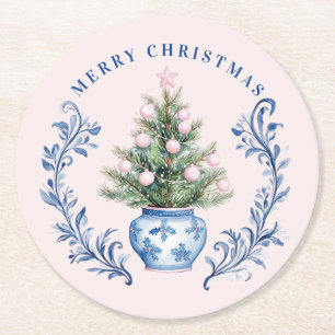 Pink & Blue Damask Crest Christmas Tree Round Paper Coaster