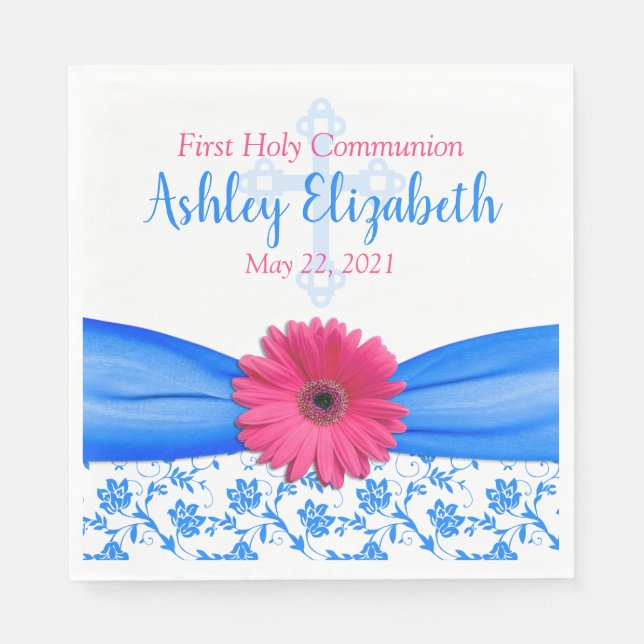 Pink Blue Damask Daisy First Communion Paper Plate Napkin (Front)
