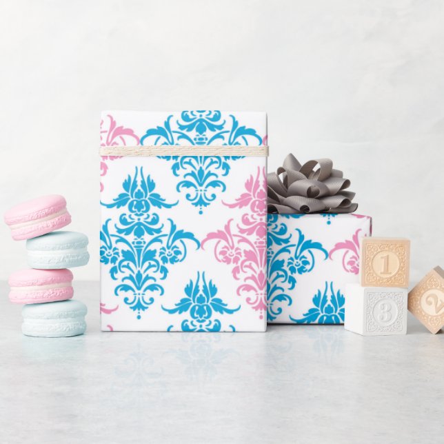 Pink blue damask gender reveal wrap wrapping paper (Baby Shower)