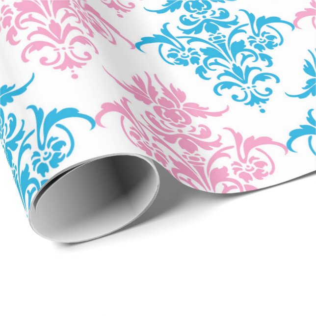 Pink blue damask gender reveal wrap wrapping paper (Roll Corner)