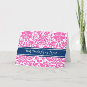 Pink Blue Damask Thank You Bridesmaid Friend Card