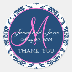 Pink, Blue Damask Wedding Favour Thank You Classic Round Sticker