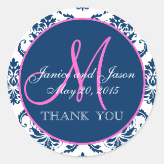Pink, Blue Damask Wedding Favour Thank You Classic Round Sticker