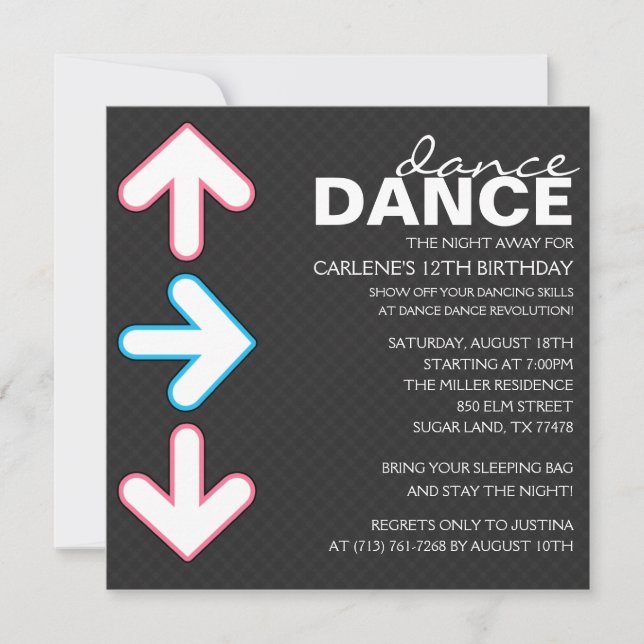 Pink/Blue Dance Dance Revolution Birthday Party Invitation (Front)