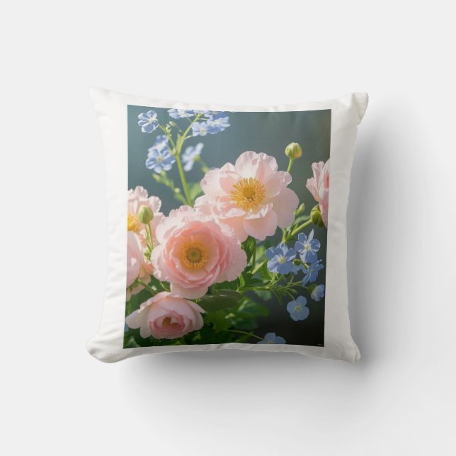 Pink Blue delicate flowers  Cushion (Front)