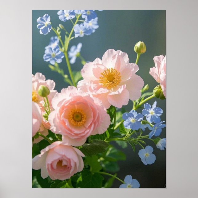 Pink Blue delicate flowers  Poster (Front)