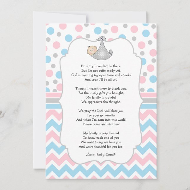 Pink Blue Dot Baby Shower Thank You notes w/poem (Front)