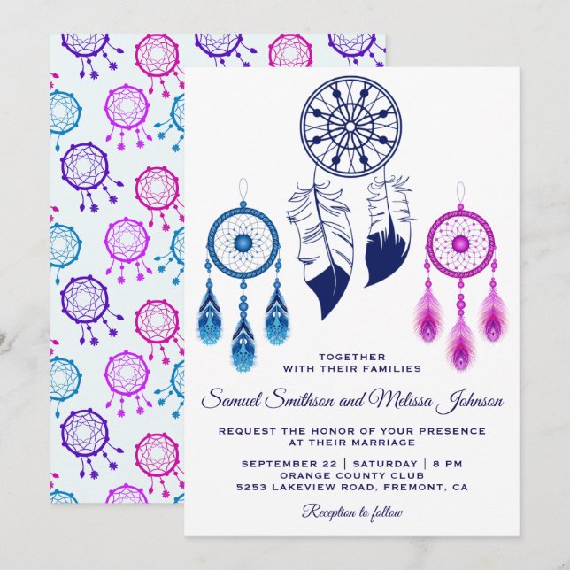 Pink Blue Dream Catcher Wedding Invitation (Front/Back)
