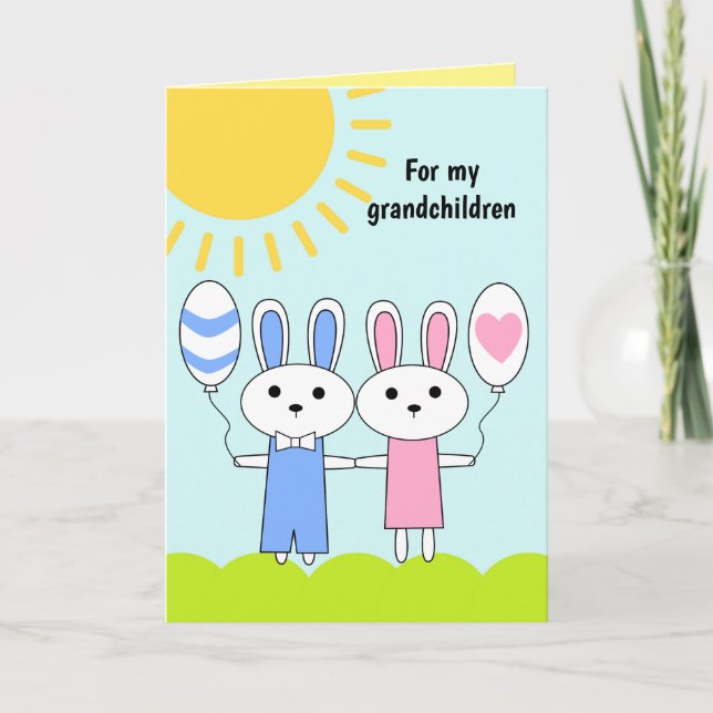 Pink Blue Easter Bunny For My Grandchildren Holida Holiday Card (Front)