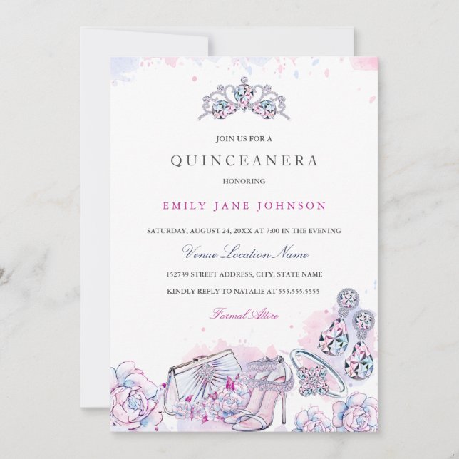 Pink Blue Elegant Crystal Quinceanera Invite (Front)