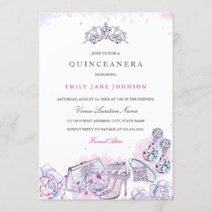 Pink Blue Elegant Crystal Quinceanera Invite