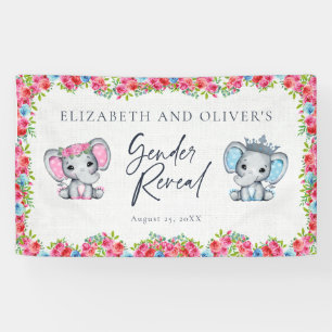 Pink & Blue Elephant Roses Gender Reveal  Banner