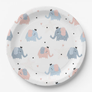Pink Blue Elephants Crowns Girl Boy Baby Shower Paper Plate