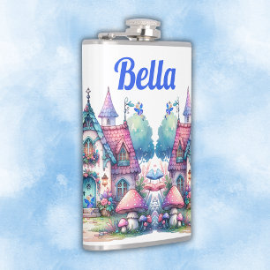 Pink & Blue Fairy Cottage Core Monogram on White   Hip Flask