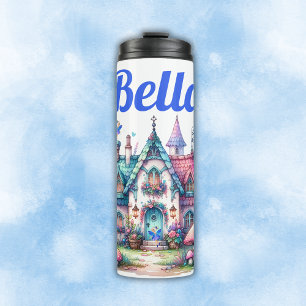 Pink & Blue Fairy Cottage Core Monogram on White   Thermal Tumbler