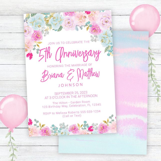 Pink Blue Floral 5th Wedding Anniversary  Invitation (Creator Uploaded)