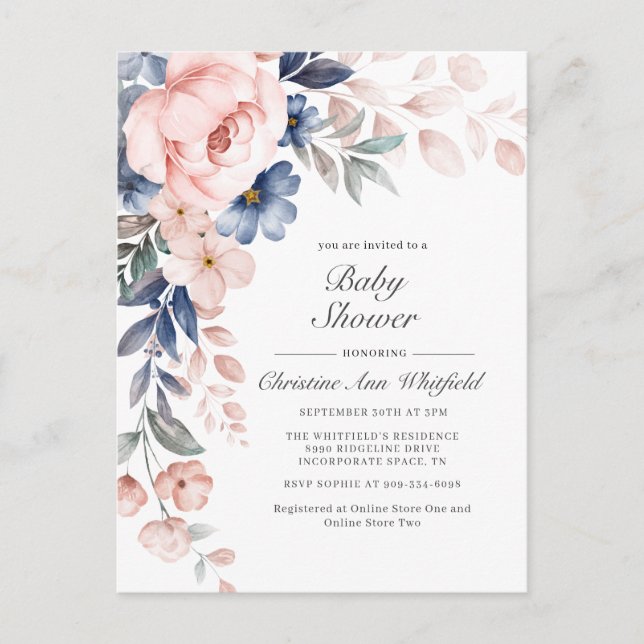 Pink Blue Floral Baby Shower Invitation Postcard (Front)