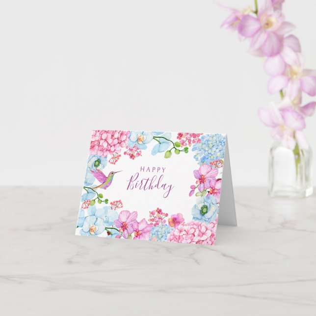 Pink blue floral branch with bird happy birthday card (Orchid)
