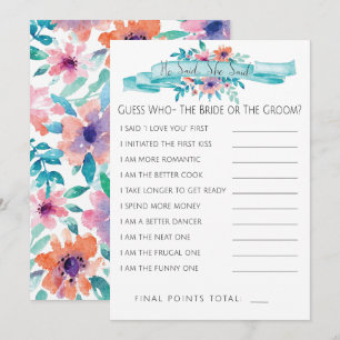 Pink Blue Floral Bridal Shower Game-He/She Said Invitation