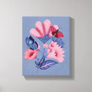 Pink Blue Floral Butterflies Folk Art  Canvas Print