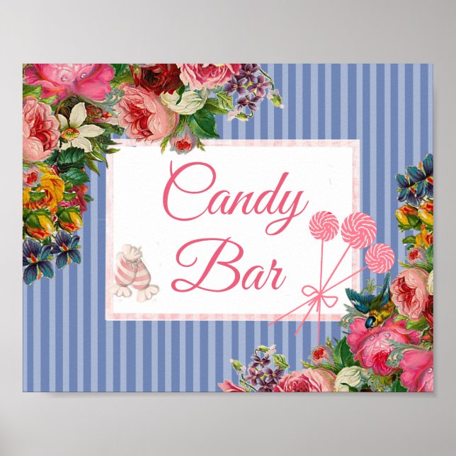 Pink & Blue Floral Candy Bar Wedding Sign Poster (Front)