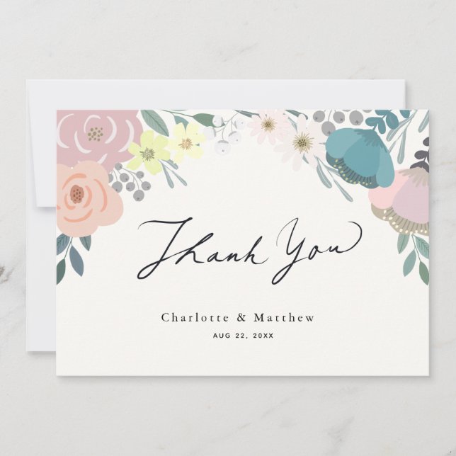 Pink & Blue Floral Cream Wedding Thank You (Front)