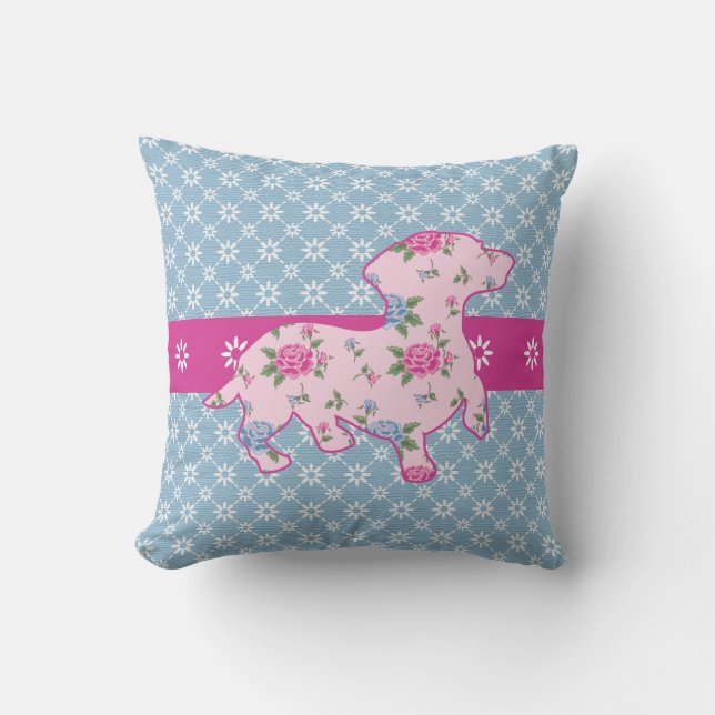 Pink & Blue Floral Dachshund Cotton Throw Pillow (Front)