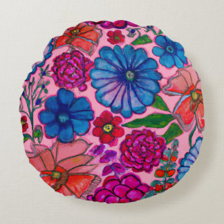 Pink & Blue Floral Design Round Cushion