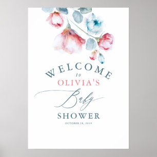 Pink Blue Floral Elegant Baby Shower Welcome Poster