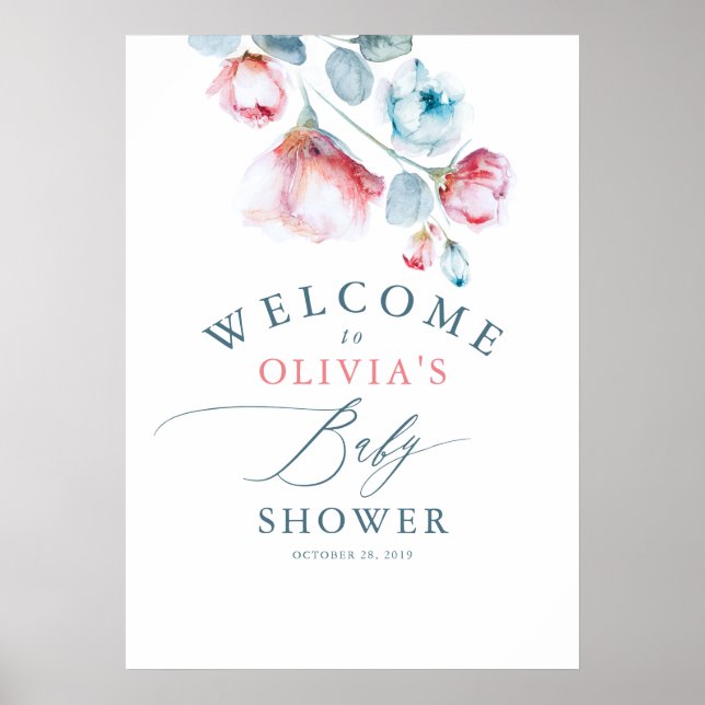 Pink Blue Floral Elegant Baby Shower Welcome Poster (Front)