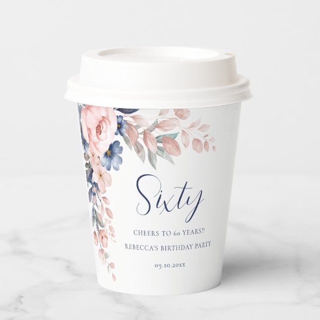 Pink Blue Floral Elegant Script 60th Birthday Paper Cups (Front)