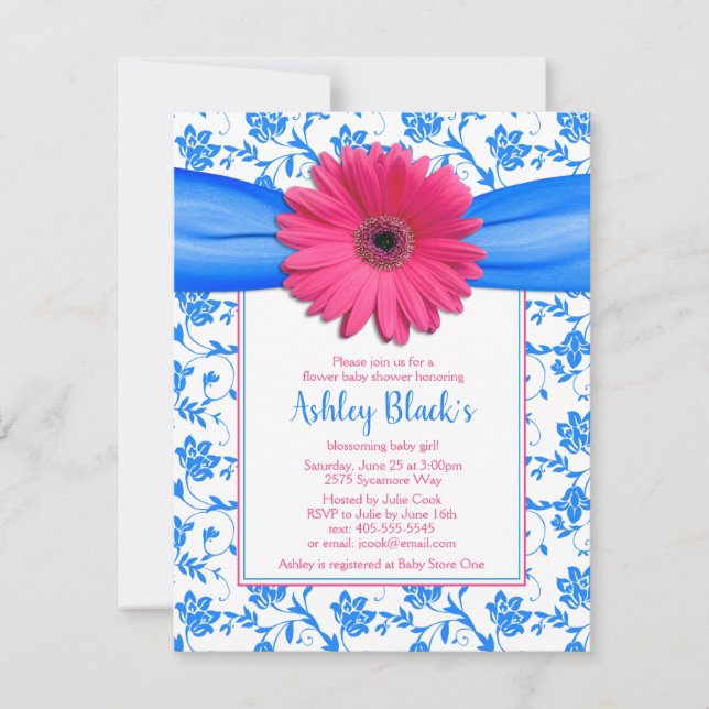 Pink Blue Floral Gerbera Daisy Baby Shower Invitation (Front)