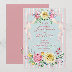 Pink Blue Floral Girl Baby Shower Invitation