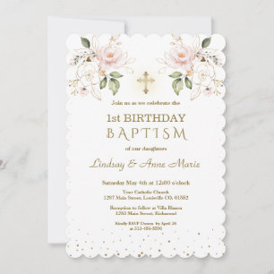 Pink Blue Floral Girls Twins 1st Birthday Baptism Invitation