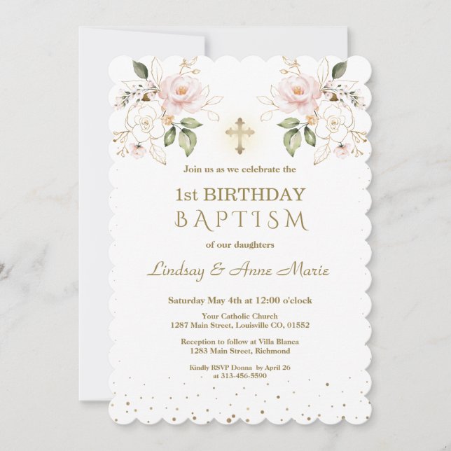Pink Blue Floral Girls Twins 1st Birthday Baptism  Invitation (Front)