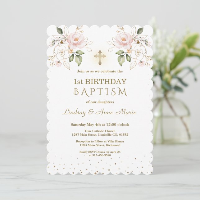 Pink Blue Floral Girls Twins 1st Birthday Baptism  Invitation (Standing Front)