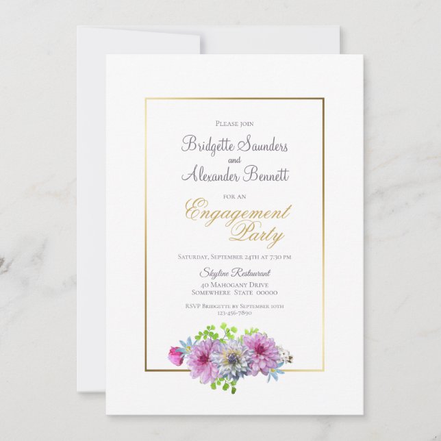 Pink Blue Floral Gold Border Engagement Party Invitation (Front)