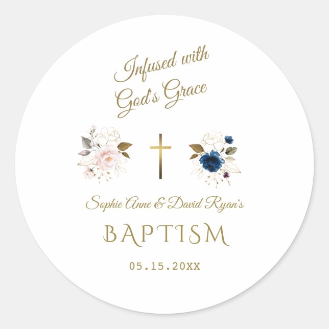 Pink Blue Floral Gold Calligraphy Twins Baptism Classic Round Sticker (Front)
