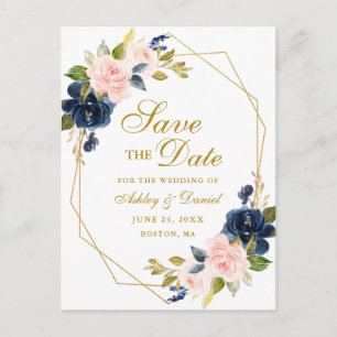 Pink Blue Floral Gold Frame Save the Date Postcard