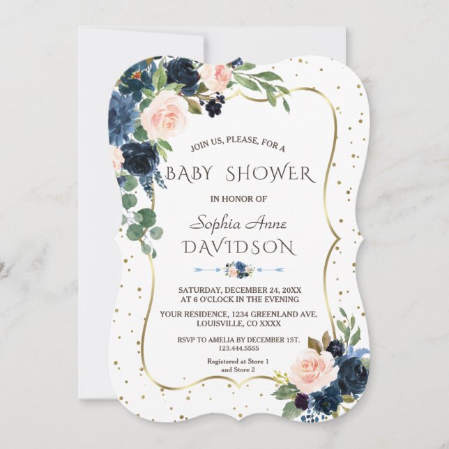 Pink Blue Floral Gold Glitter Confetti Baby Shower Invitation (Front)