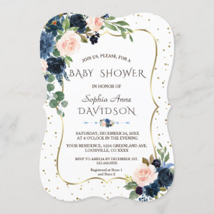 Pink Blue Floral Gold Glitter Confetti Baby Shower Invitation