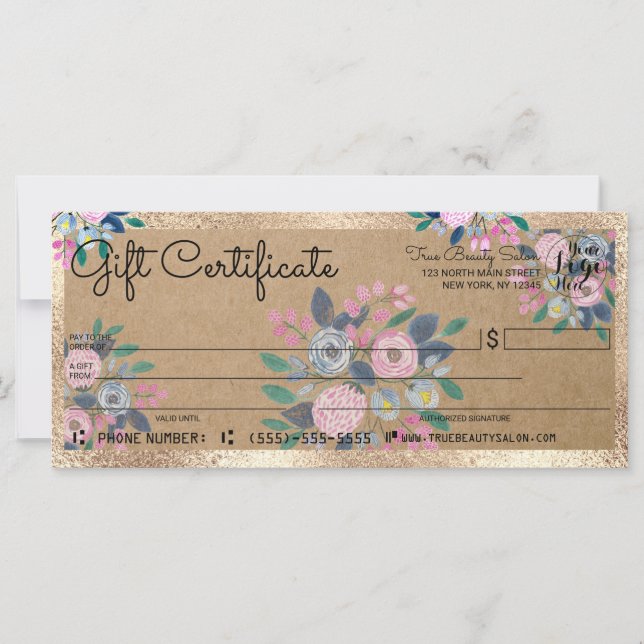 Pink Blue Floral Gold Kraft Check Gift Certificate (Front)