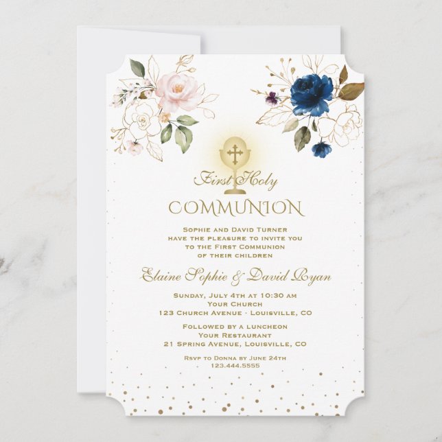 Pink Blue Floral Gold Twins First Holy Communion Invitation (Front)
