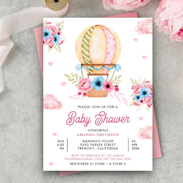 Pink Blue Floral Hot Air Balloon Girl Baby Shower Invitation (Creator Uploaded)